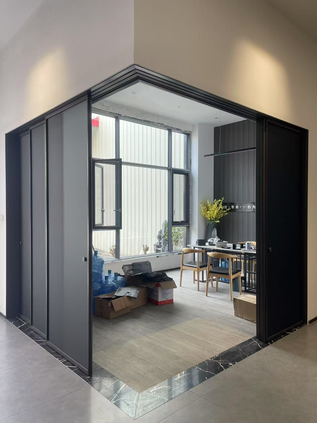 L-shaped sliding door